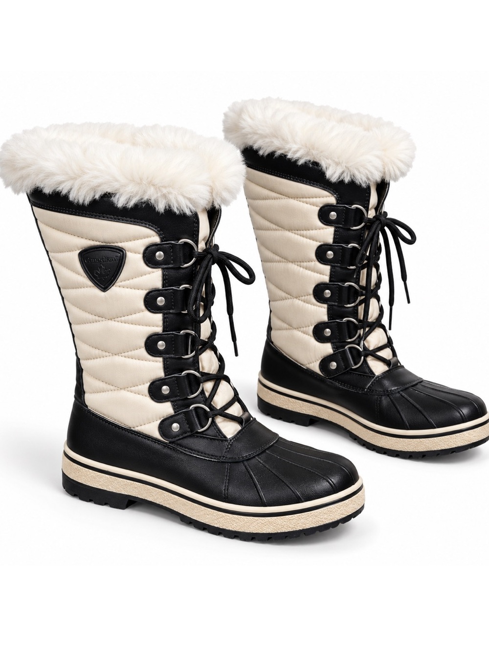 Canadiana Tall Quilted Winter Boots — Fur Lined Snow Boot — Black/Cream — Size 9